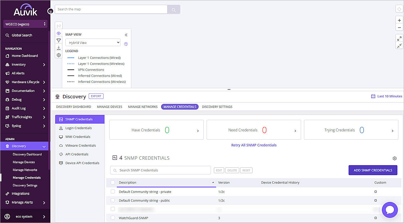 Screenshot of the SNMP Credentials page in Auvik